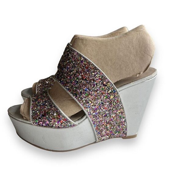 Nine West Women’s Silver Multicolor Metallic Glitter Heel Wedge Size 6 - Picture 1 of 8